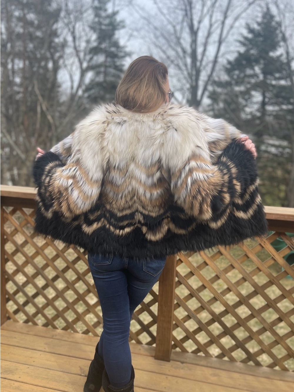 Luxury Multi-Color Genuine Raccoon Fur Light Jacket - Elegant Chevron Pattern